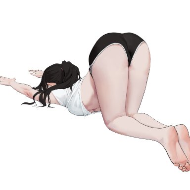 1girls, ass, black hair, breast press, clothed, dhk, dongho kang, feet, from behind, kneeling, ponytail, realistic, shirt, shorts, solo