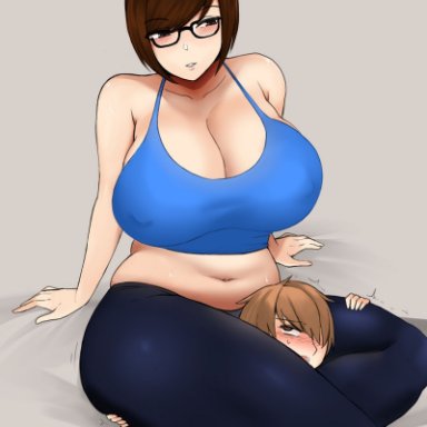1boy, 1girls, between legs, elu77, female, glasses, huge breasts, larger female, male, mei (overwatch), overwatch, size difference, smaller male, thick thighs