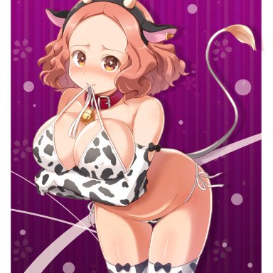 1girls, big breasts, bikini, blush, cleavage, cow ears, cow girl, cow horns, cow print, cow tail, cowbell, female, female only, haru okumura, persona