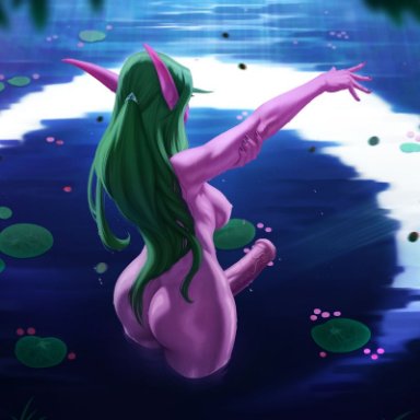 1futa, animal penis, ass, bathing, big breasts, breasts, dickgirl, equine penis, futa only, futanari, horsecock, humanoid, large breasts, lily pad, night elf