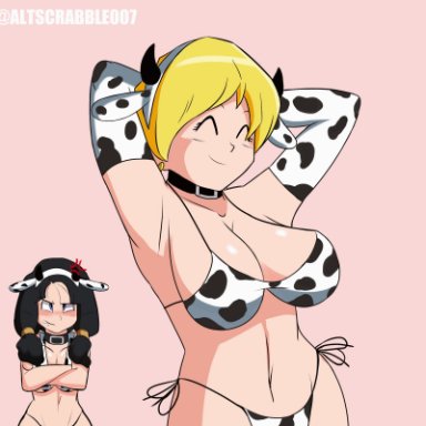 2girls, altscrabble007, angry, animated, big breasts, black hair, blonde hair, bouncing breasts, breasts, clothing, dragon ball, dragon ball z, erasa, guguz, happy