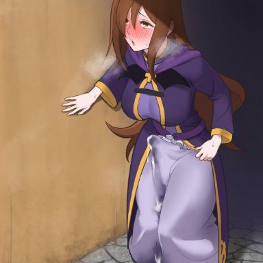 1futa, ahoge, blush, breasts, brown hair, clothed, clothing, cum, cum through clothes, erection, erection under clothes, fully clothed, futa only, futanari, hands-free