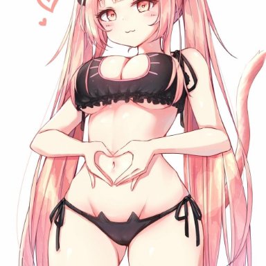 :3, ahoge, animal ears, bangs, blush, bra, breasts, cat lingerie, cat tail, cleavage, cleavage cutout, heart, heart-shaped pupils, lingerie, long hair