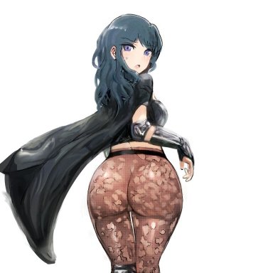 ass, big ass, blue eyes, buredoran, byleth (female), byleth (fire emblem), byleth (fire emblem) (female), embarrassed, fire emblem, fire emblem: three houses, large ass, leggings, long hair, looking at viewer, looking back