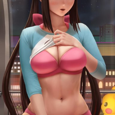 1girls, 2020, abs, absurdres, artist name, blue eyes, blush, bra, breasts, brown hair, city background, cityscape, hat, high resolution, highres