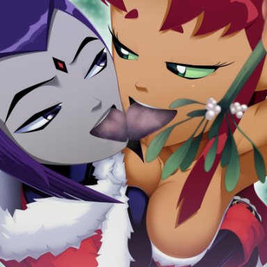 2girls, breasts, cleavage, female/female, kissing, lesbian, mistletoe, pressing breasts together, raven, ravenravenraven, starfire, teen titans, tongue out, yuri