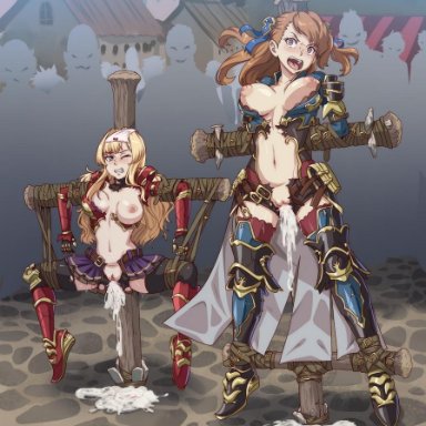 2girls, after rape, after vaginal, angry, bare midriff, bare thighs, beatrix (granblue fantasy), big breasts, blonde hair, blood, blush, bondage, bound, breasts, breasts outside