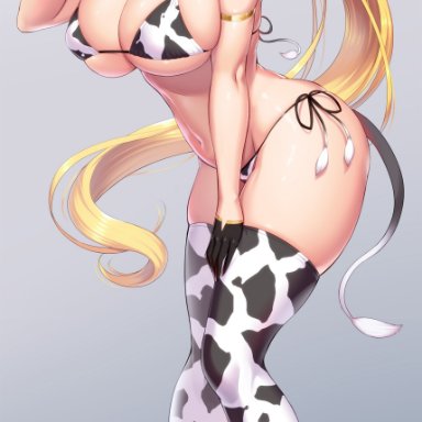 1girls, absurd res, animal ears, animal print, bangs, bare shoulders, bell, bell collar, bikini, black footwear, black gloves, blonde hair, blunt bangs, blush, bottle