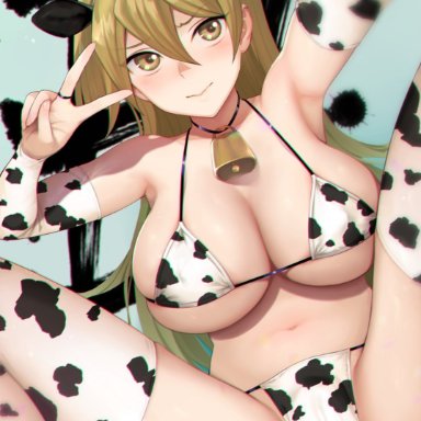 alexis rhodes, bell, bikini, blonde hair, blush, choker, cleavage, cow bell, cow bikini, cow ears, cow girl, cow horns, cow print, ear tag, huge breasts