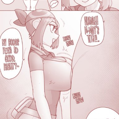 1boy, 1girls, big breasts, ekz (drawfag), may (pokemon), paizuri, pokemon, pokemon rgby, tagme, tight clothing, titjob, wink