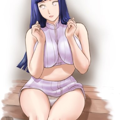 1girls, alternate costume, bench, big breasts, blunt bangs, breasts, cameltoe, clothing, crop top, curvaceous, curvy, female, female only, hyuuga hinata, ka2miiverse