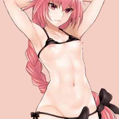 1boy, armpits, arms behind head, arms up, astolfo (fate), bangs, bare shoulders, bikini, black bikini, blush, bow, braid, braided ponytail, cocq taichou, collarbone