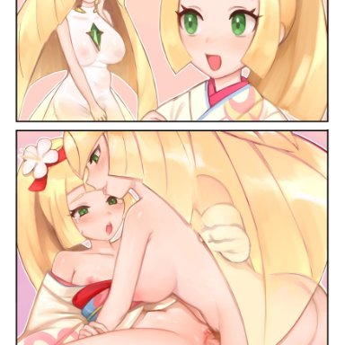 1futa, 1girls, 2koma, areolae, ass, blonde hair, bottomless, breasts, clothed, clothing, comic, dress, duo, female, futanari