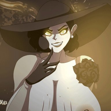 1boy, alcina dimitrescu, animated, black hair, breasts, busty, capcom, ethan winters, female, gloves, glowing eyes, hat, huge breasts, large breasts, looking at viewer
