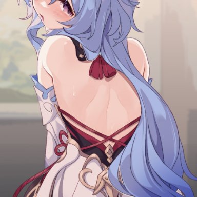 1boy, ahoge, ass, bangs, bar censor, bare back, bare shoulders, black legwear, blue hair, blush, censored, cum, cum in pussy, detached sleeves, female