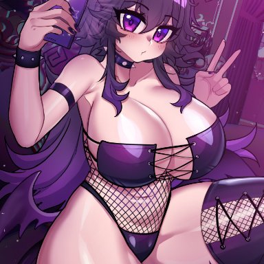ass visible through thighs, big breasts, choker, cleavage, crawling dreams, curvy, dark hair, fishnets, huge breasts, looking at viewer, nyarla (crawling dreams), osiimi, pale skin, pale-skinned female, peace sign