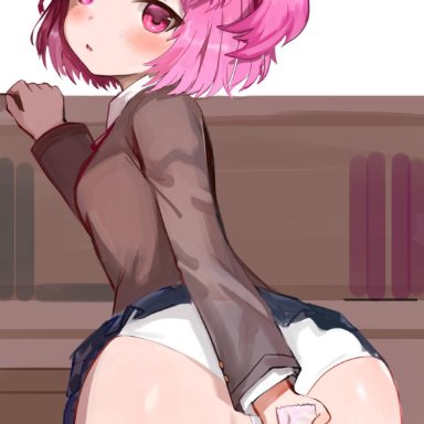 1girl, ass, before sex, bending over, big ass, big butt, blue skirt, booty, condom, condom in hand, doki doki literature club, dokomon, from behind, huge ass, huge butt