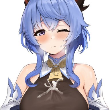 1boy, ahoge, ayul (ayulneri 92), bangs, bare shoulders, bell, black gloves, blue hair, blush, breast squeeze, breasts, brown bodysuit, cum, cum on body, cum on breasts