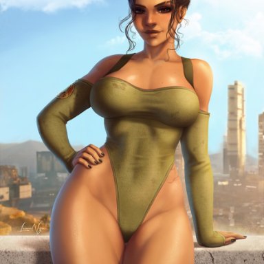 1girl, 1girls, big breasts, breasts, brown eyes, brown hair, clothed, clothing, curvaceous, curvy, cute, cyberpunk, cyberpunk 2077, dreadlocks, female