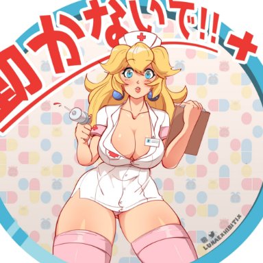 1girls, blonde hair, breasts, cleavage, female, female only, huge breasts, lunaexhabbitix, mario (series), nintendo, nurse, nurse cap, nurse uniform, princess peach, super mario bros.