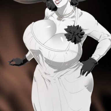 1girls, alcina dimitrescu, big breasts, black hair, breasts, busty, capcom, cleavage, clothed, clothing, corsage, dress, earrings, female, fully clothed