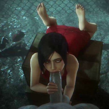 1boy, 1girls, 1monster, 3d, ada wong, animated, ball grab, barefoot, erection, feet, fellatio, female, handjob, huge cock, light-skinned female