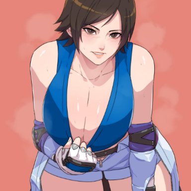 absurdres, blue sports bra, breasts, brown eyes, brown hair, cirenk, cleavage, clothes around waist, collarbone, downblouse, elbow pads, female, fingerless gloves, gloves, heavy breathing