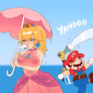 1boy, 1girls, areolae, big breasts, breasts, female, fludd, large breasts, male, mario, mario (series), nipples, princess peach, rizdraws, super mario bros.