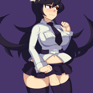 1futa, black hair, breasts, clothed, clothing, erection, erection under clothes, filia (skullgirls), futa only, futanari, huge cock, lab zero games, long hair, miniskirt, mostly clothed