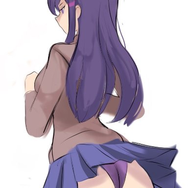 1girl, ass, back view, blue skirt, bubble ass, bubble butt, doki doki literature club, from behind, long hair, panties, pantyshot, purple eyes, purple hair, purple panties, rakeemspoon