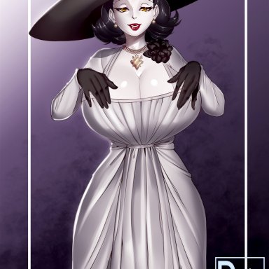 alcina dimitrescu, black hair, breasts, breasts bigger than head, busty, capcom, cleavage, dress, female, female only, gloves, hat, hourglass figure, huge breasts, large breasts