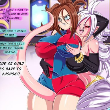 2girls, android, android 21, android 21 (evil), android 21 (good), android 21 (human), angry, arabian clothes, ass, belly dancer, between legs, between thighs, big ass, big breasts, big thighs