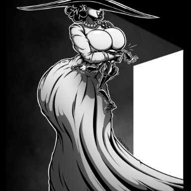 1boy, 1boy1girl, 1girls, alcina dimitrescu, artist name, black and white, breast smother, breasts, busty, capcom, cleavage, clothed, clothing, corsage, dress