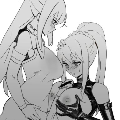 1futa, 1girls, alternate costume, aqua (konosuba), big breasts, black and white, blush, breasts, clothed futanari, clothed sex, darkness (konosuba), futa on female, futadom, intersex/female, kono subarashii sekai ni shukufuku wo!