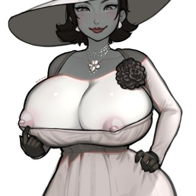 1girls, alcina dimitrescu, areolae, big breasts, black hair, blush, breasts bigger than head, breasts outside, capcom, dress, dress pull, earrings, female, female only, gloves