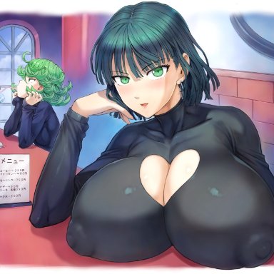 2girls, breasts, female, fubuki (one-punch man), green eyes, green hair, huge breasts, looking at viewer, mogudan, nipple bulge, nipples visible through clothing, one-punch man, saitama, tatsumaki