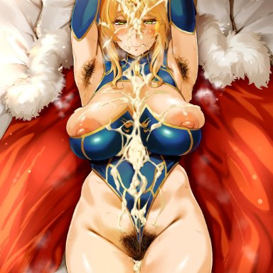 1girls, 2020, absurdres, after fellatio, after oral, after sex, after vaginal, areolae, armpit hair, armpits, arms up, artoria pendragon, artoria pendragon (lancer), blonde armpit hair, blonde hair