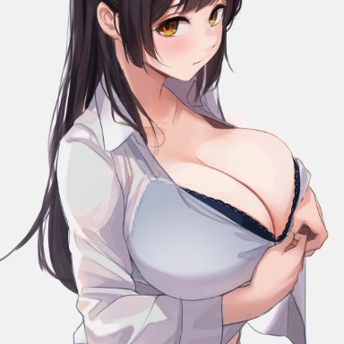 black hair, bra, breasts, cleavage, fbreeze, hi res, huge breasts, long hair, original, panties, schoolgirl, see-through, see-through clothing, shirt, solo