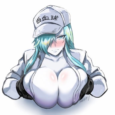 1girls, aqua hair, black gloves, blue eyes, blush, breast press, breasts, clavicle, cleavage, female, gloves, hat, hataraku saibou, hataraku saibou black, hi res