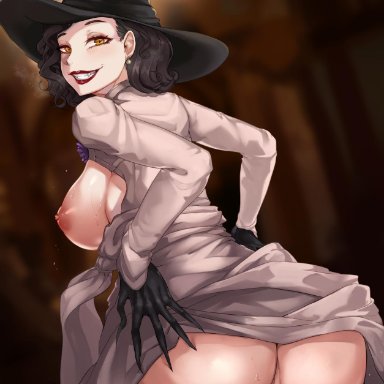 alcina dimitrescu, ass, black hair, breasts, busty, capcom, hessra, looking back, nipples, pussy, resident evil, resident evil 8: village, smile, tagme, yellow eyes