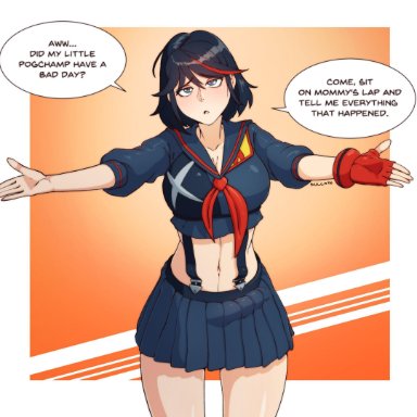 1futa, breasts, bulge, dickgirl, erection under clothes, futa only, futanari, kill la kill, looking at viewer, matoi ryuuko, my little pogchamp (meme), penis under clothes, solo, speech bubble, sulcate