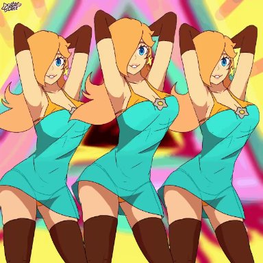 1girls, animated, blonde hair, blue eyes, bouncing breasts, c starlett, cleavage, mario (series), me!me!me!, nintendo, panties, princess rosalina, see-through, see-through clothing, super mario bros.