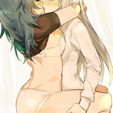 2girls, ass, blue hair, byleth (female), byleth (fire emblem), byleth (fire emblem) (female), closed eyes, edelgard (fire emblem), edelgard von hresvelg, fire emblem, fire emblem: three houses, fm r3dslov3, french kiss, green hair, hugging