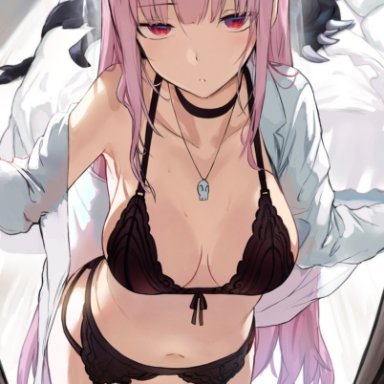 black panties, bra, garter belt, hews hack, hololive, hololive english, lingerie, mori calliope, pink hair, red eyes, thighhighs