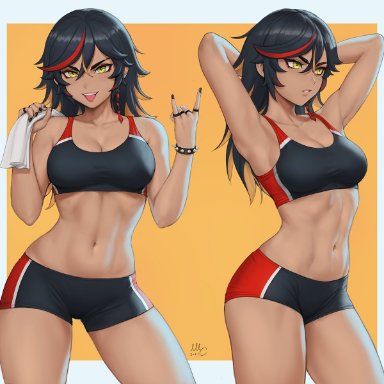 black hair, fit female, genshin impact, gold eyes, gym clothes, hair streak, sciamano240, sexy, short hair, spiked bracelet, tanned skin, thick thighs, toned, toned female, workout clothes