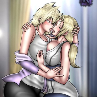 2girls, areolae, areolae slip, bangs, bare shoulders, blonde hair, breast to breast, cleavage, clothing, crossover, facial mark, female, female only, forehead mark, fully clothed