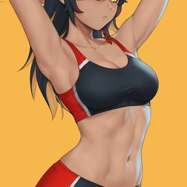 annoyed, annoyed expression, black hair, fit female, genshin impact, gold eyes, gym clothes, my little pogchamp (meme), pogchamp, sciamano240, sexy, tanned skin, toned, toned female, xinyan (genshin impact)