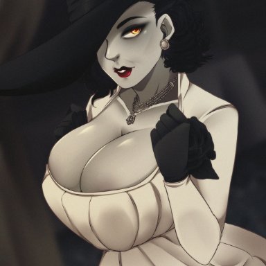 alcina dimitrescu, black hair, breasts, brocksnfumiko, busty, capcom, cleavage, dress, female, gloves, glowing eyes, hat, huge breasts, jewelry, large breasts