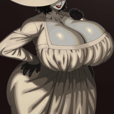 1girls, 2021, alcina dimitrescu, big breasts, black hair, breasts bigger than head, cleavage, dress, female, female only, gigantic breasts, hand on hip, hat, hi res, highres