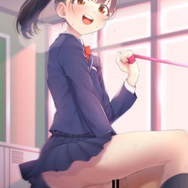 :d, 2boys, anal, ass, bangs, bar censor, black hair, blush, brown eyes, censored, classroom, femboy, highres, hokuroryuseigun, indoors